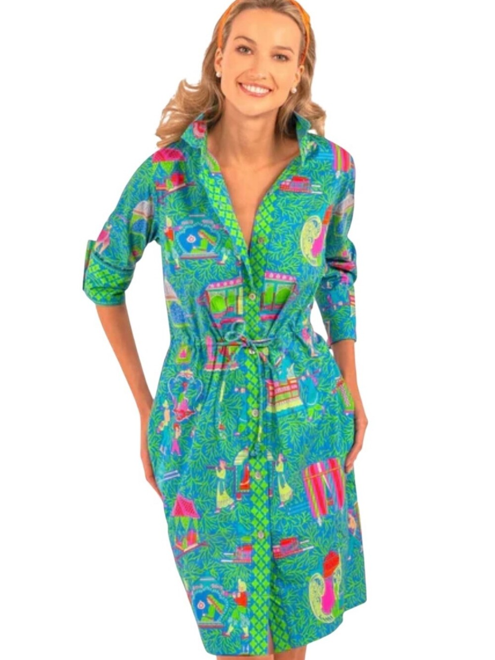 Gretchen Scott Pulley Shirt Dress Green Blue Novelty Print Drawstring Waistband